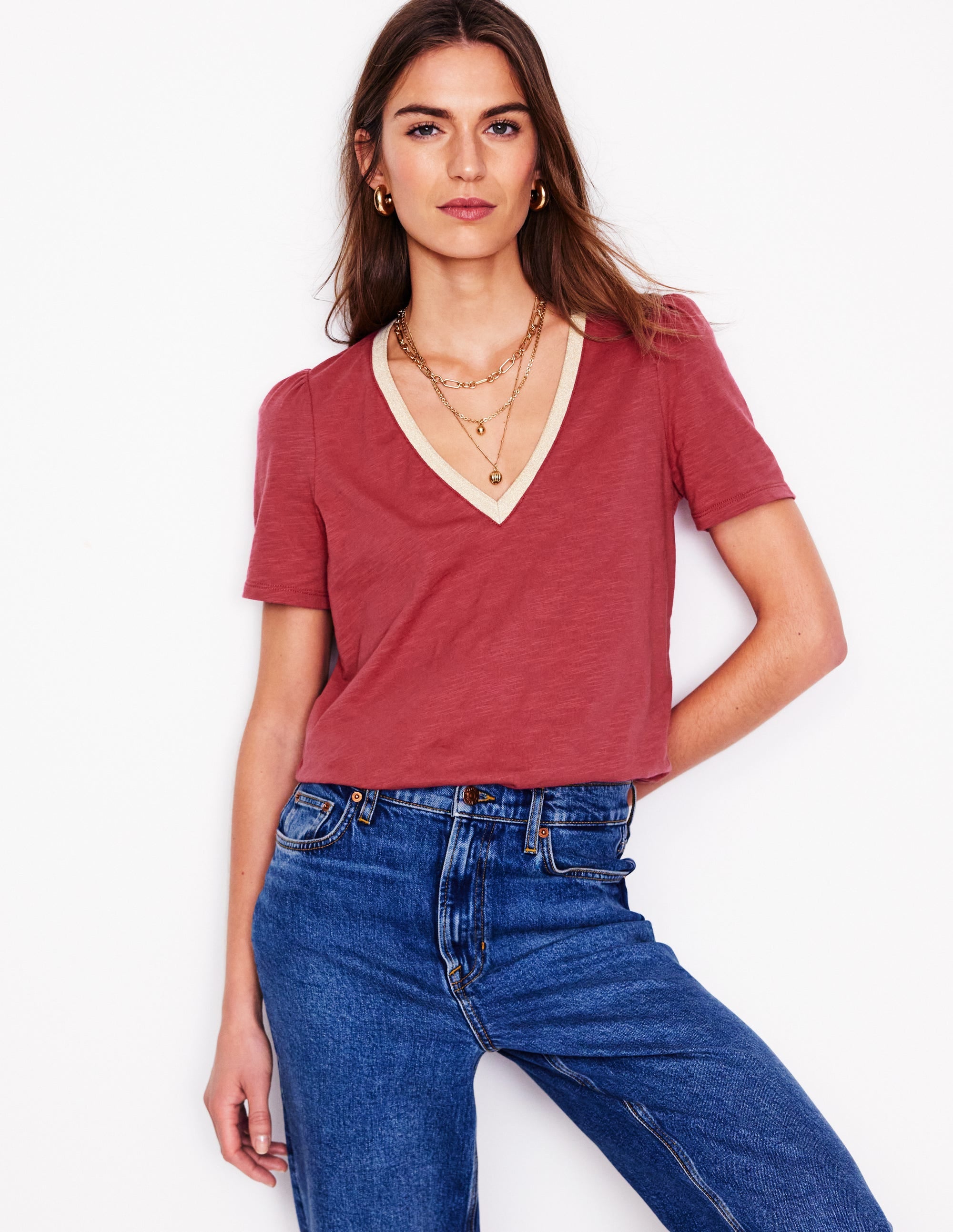 T-Shirt mit Metallic-V-Ausschnitt-Terrakotta-Rot - Image 2