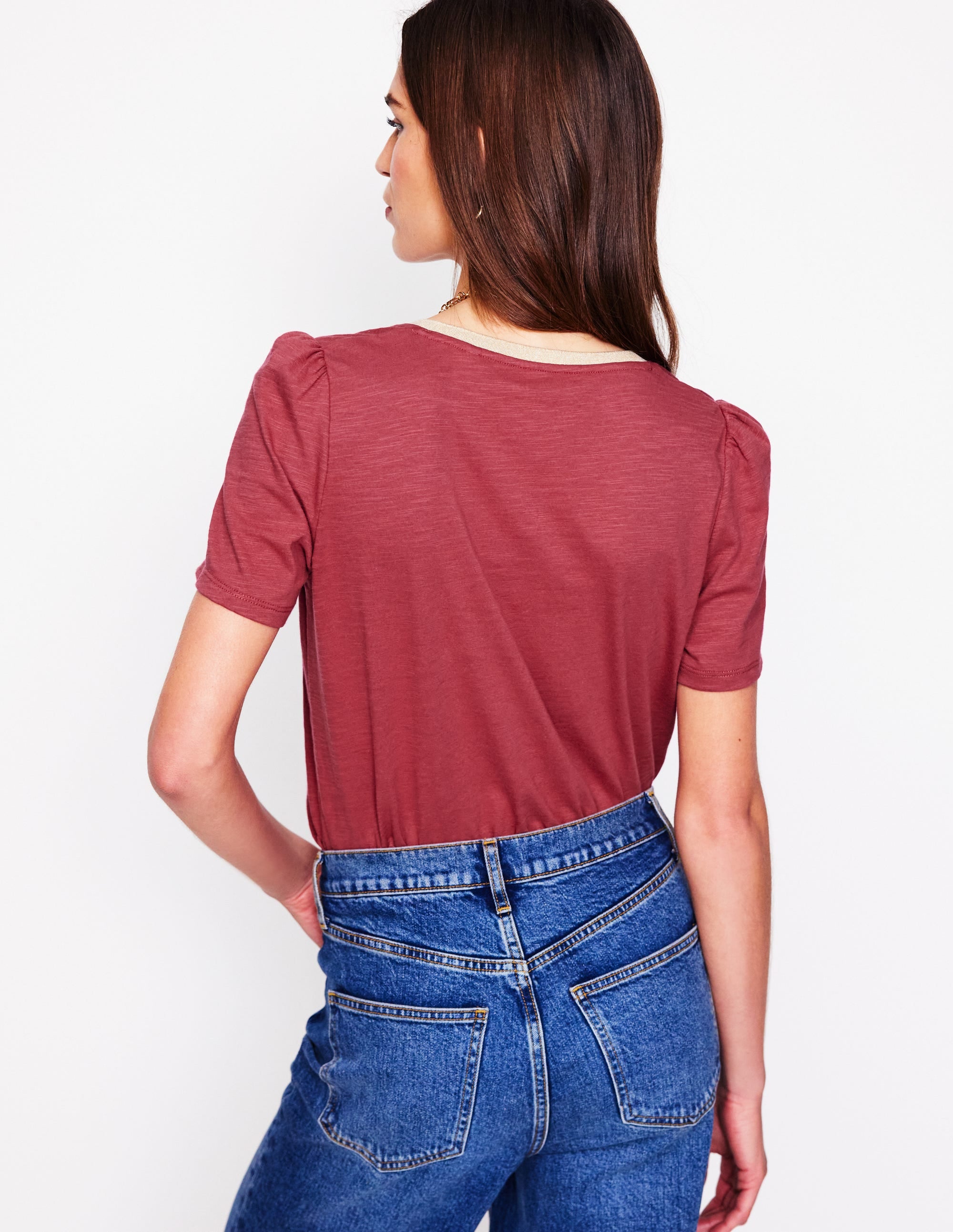 T-Shirt mit Metallic-V-Ausschnitt-Terrakotta-Rot - Image 4