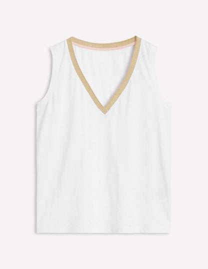 Top mit Metallic-Besatz und V-Ausschnitt-Weiß