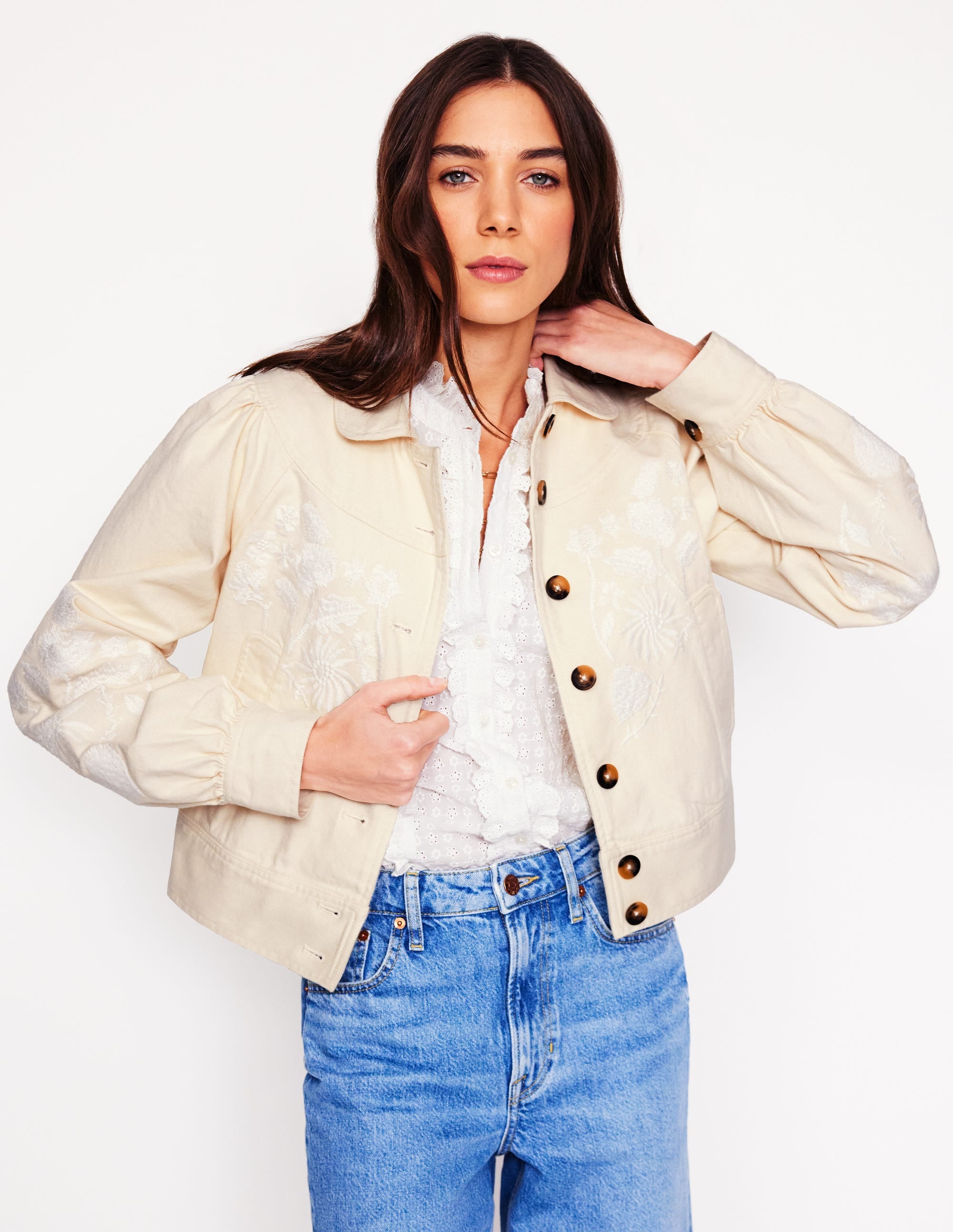 Bestickte Jacke mit Kragen-Naturweiß, Stickerei - Image 1