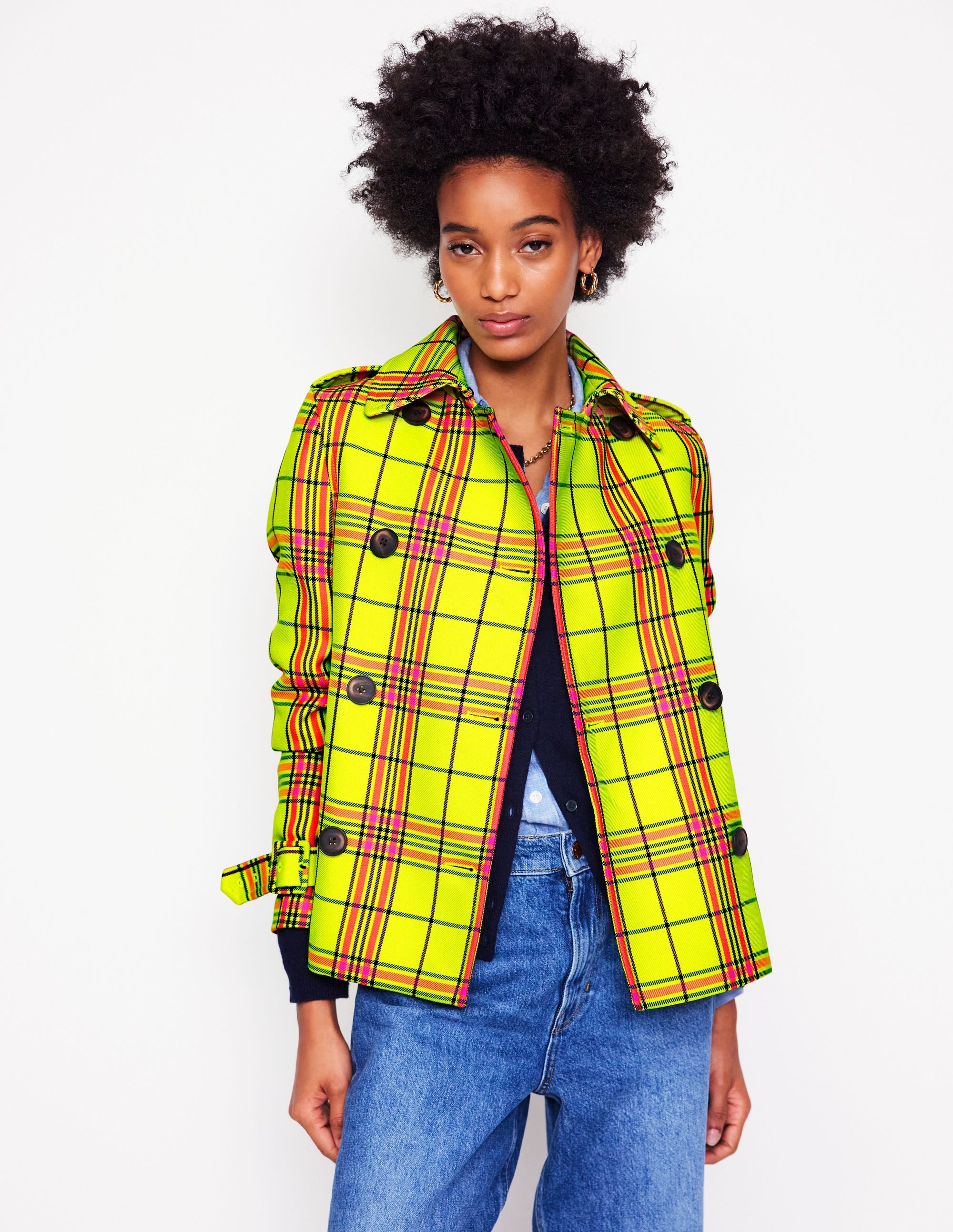 Mayfair Verkürzter Trenchcoat-Neongelb Kariert - Image 1