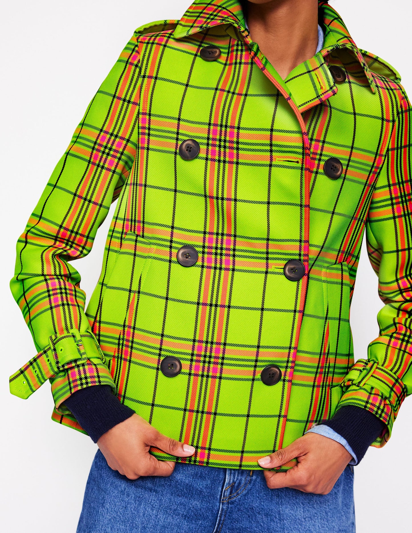 Trench court Mayfair-Carreaux jaune fluo