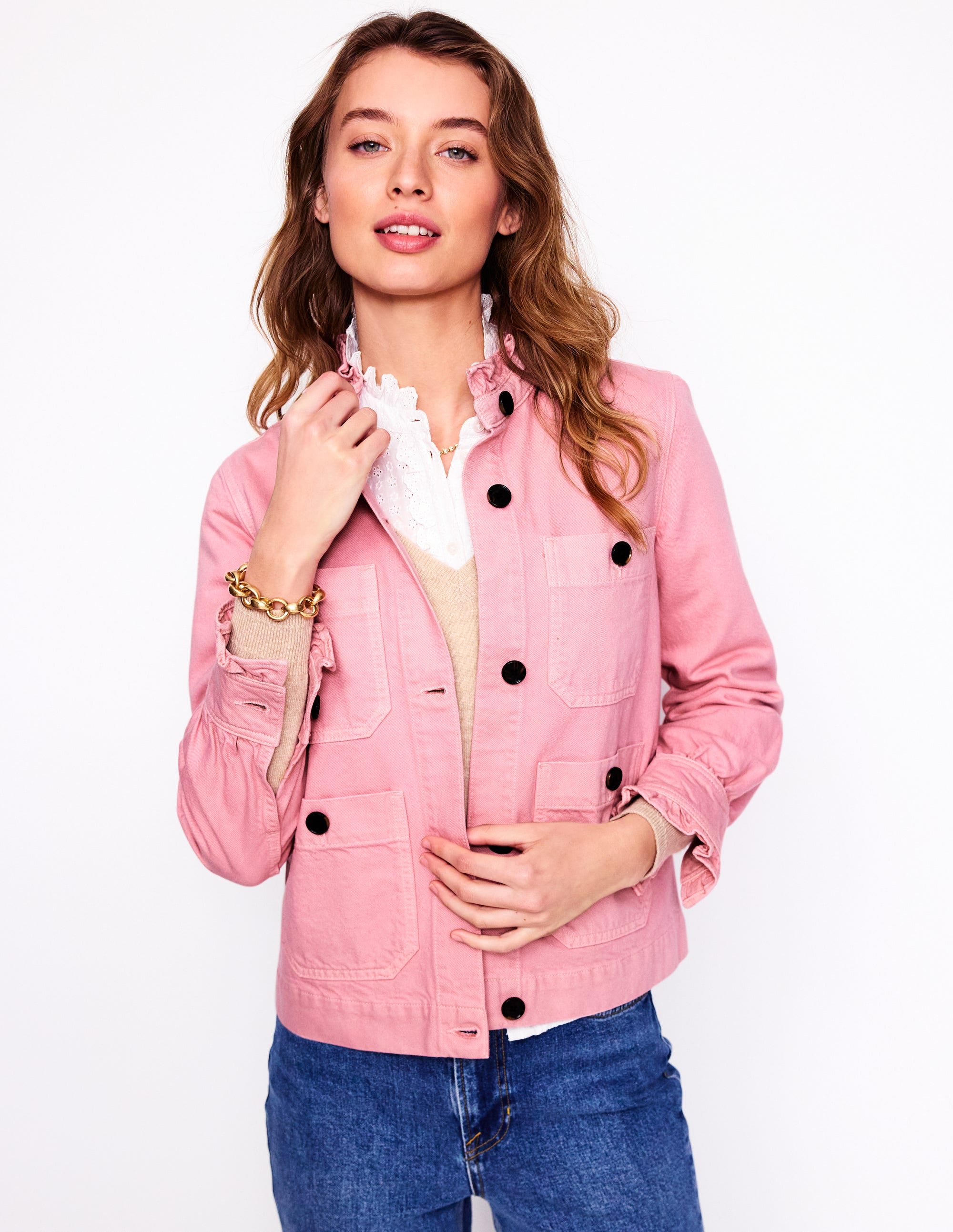Veste en jean à col volanté-Rose amande - Image 4