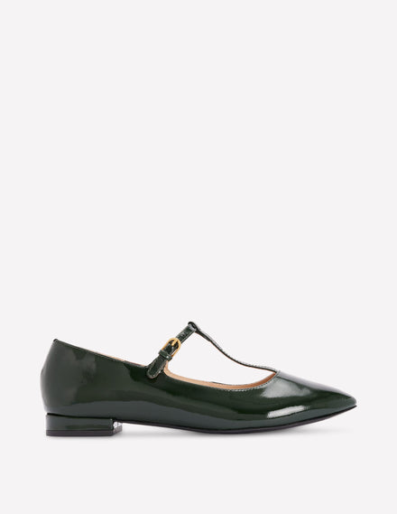 Flache Schuhe mit runder Zehenpartie und T-Steg-Grün Lackleder