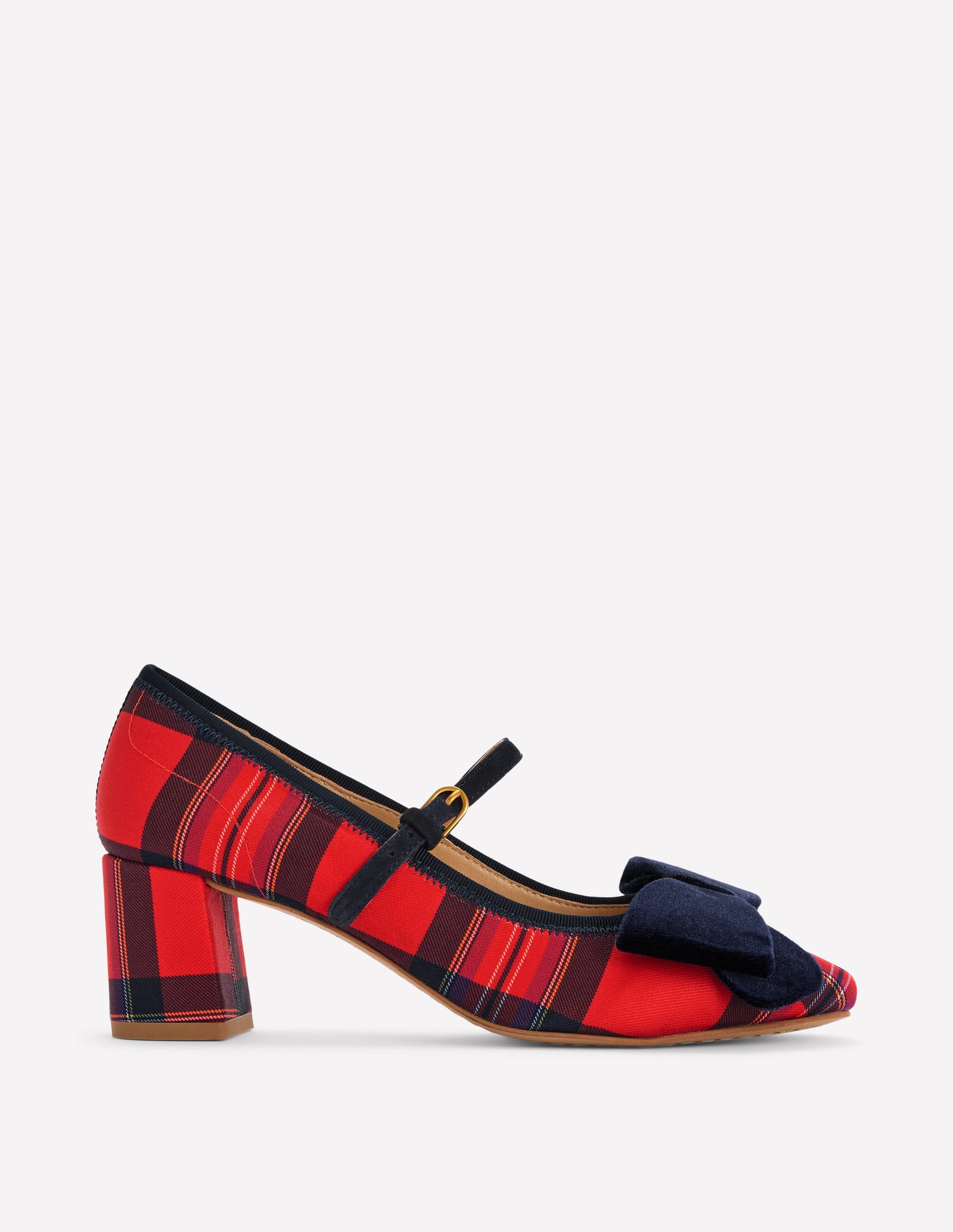 Embellished Bow Block Heels-Red Tartan-1