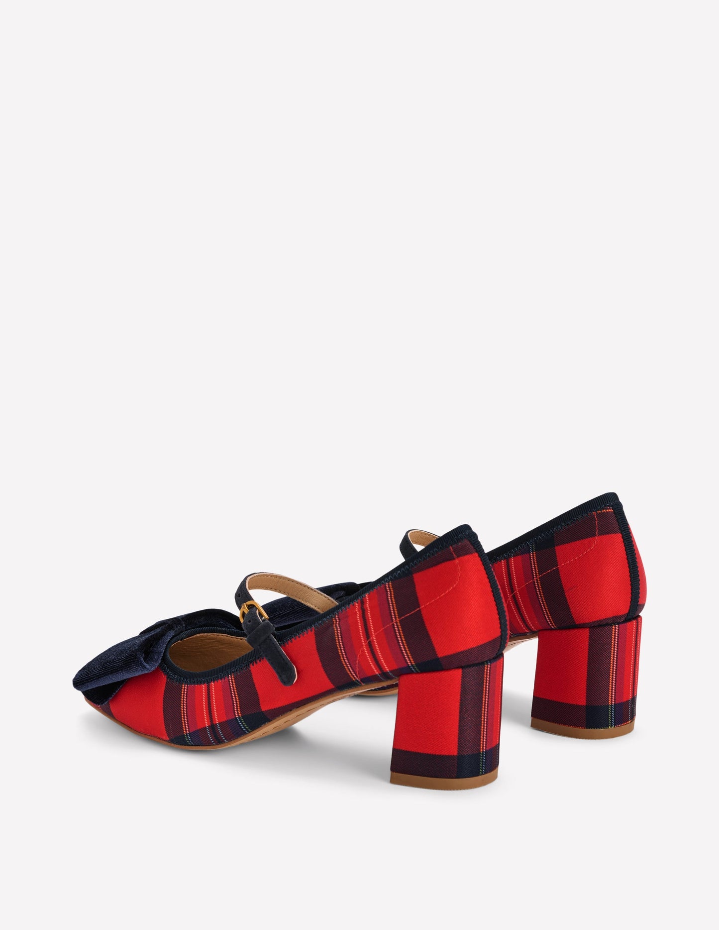Embellished Bow Block Heels-Red Tartan
