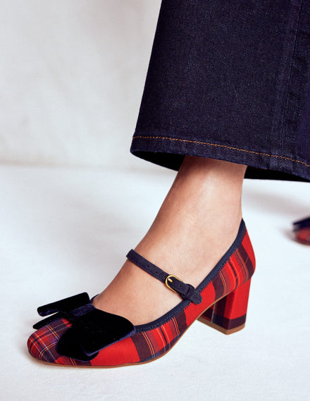 Chaussures à talons carrés avec nœud ornementé-Écossais Rouge