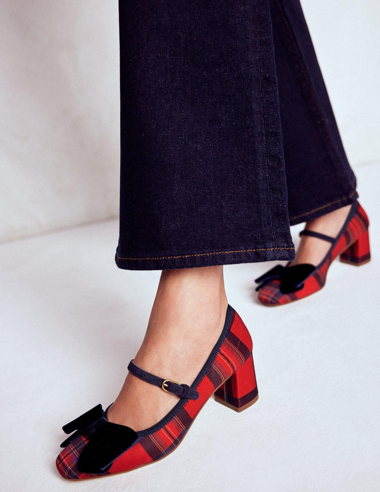 Embellished Bow Block Heels-Red Tartan