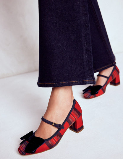 Embellished Bow Block Heels-Red Tartan-3