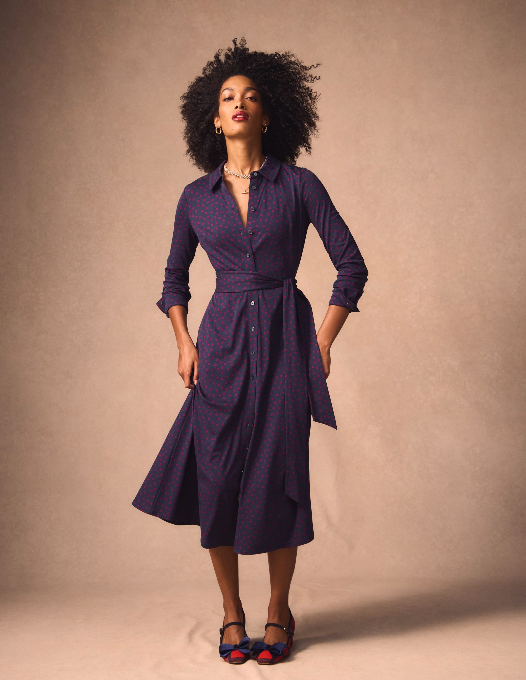 Marcia Jersey-Hemdblusenkleid-Französisches Marineblau, Gemalte Tupfen - Image 1