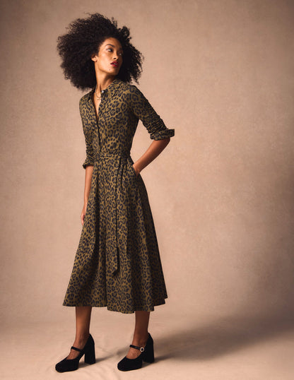 Marcia Jersey-Hemdblusenkleid-Militär-Olivgrün, Gebürstetes Tierfellmuster-1