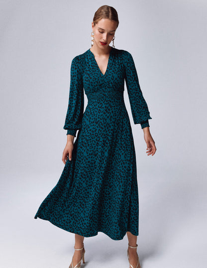 Ivy Gesmoktes Midikleid-Mondschein-Ozean, Gebürstetes Tierfellmuster-1