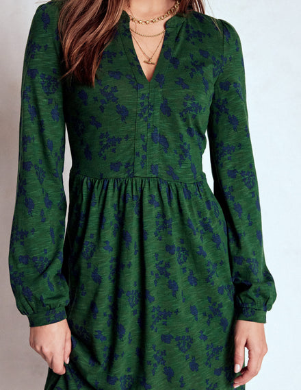 Naomi Lockeres Jerseykleid-Dunkelgrün, Zarte Wiesenblumen