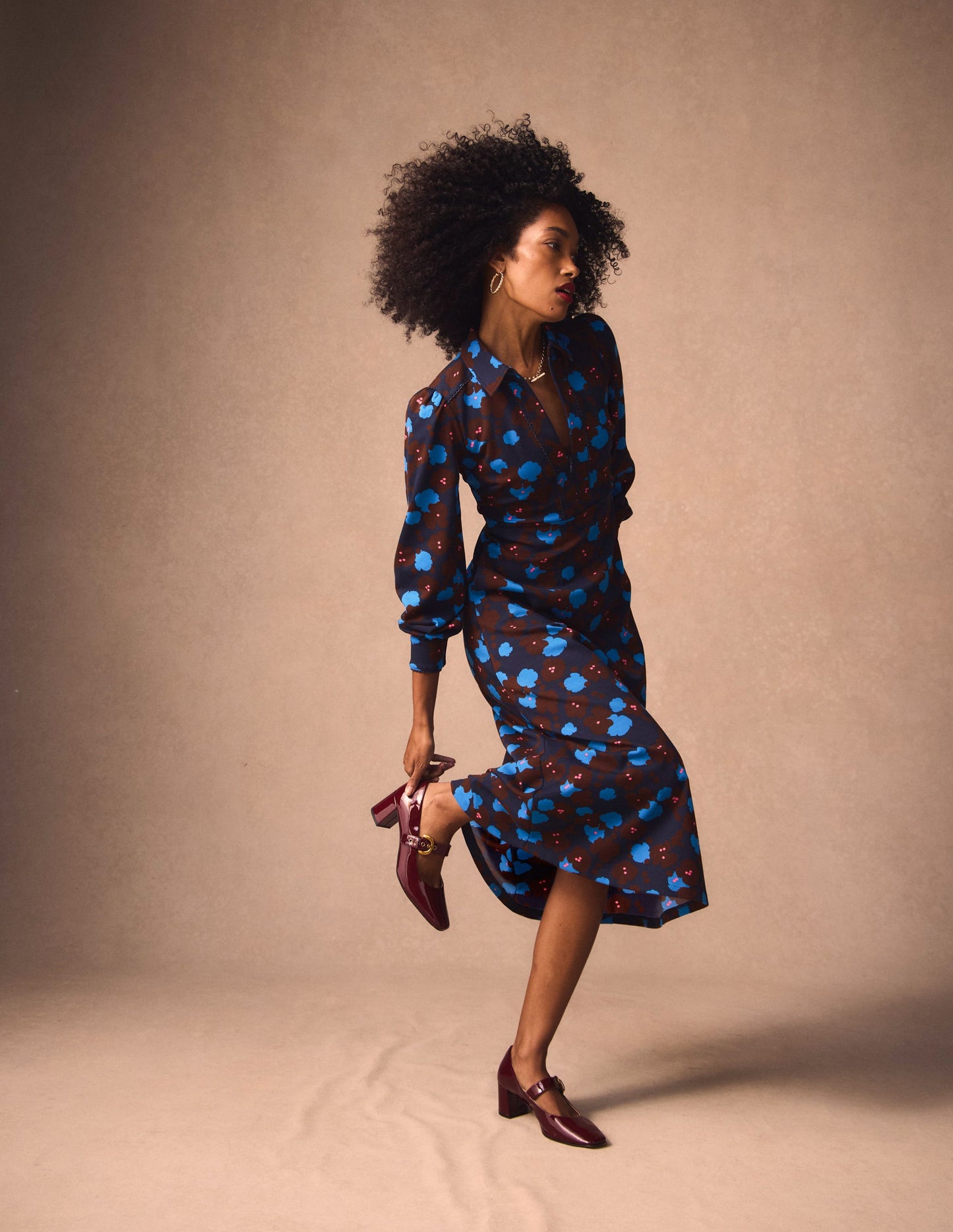 Robe midi Pip zippée en point de Rome-Bleu marine foncé, motif Garden Blossom