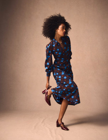 Robe midi Pip zippée en point de Rome-Bleu marine foncé, motif Garden Blossom-1