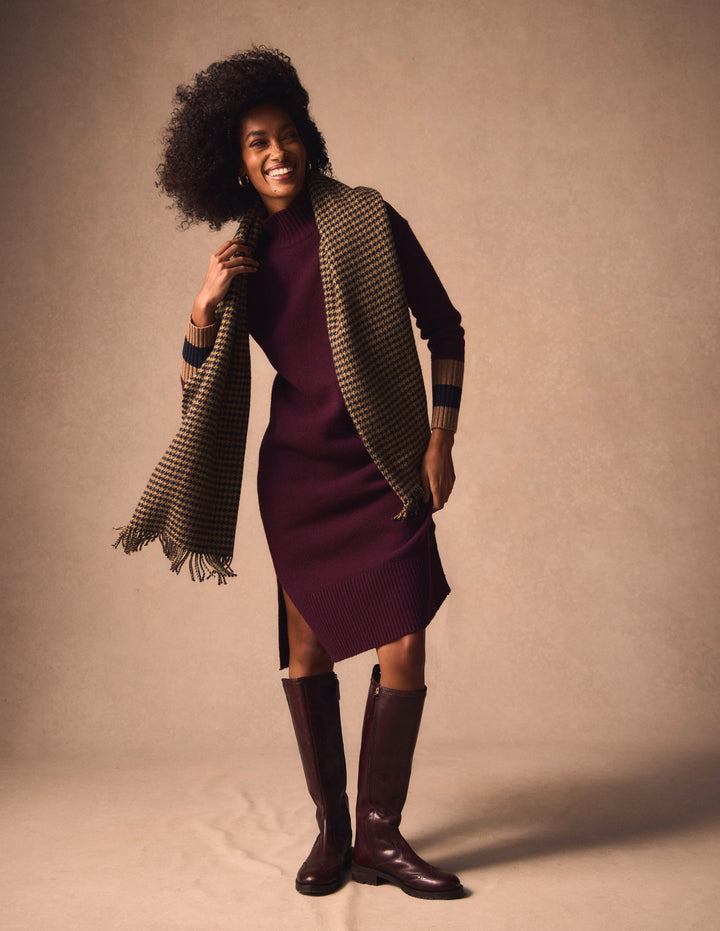 Strickkleid aus Merinowolle-Dunkle Kirsche, Braune Streifen