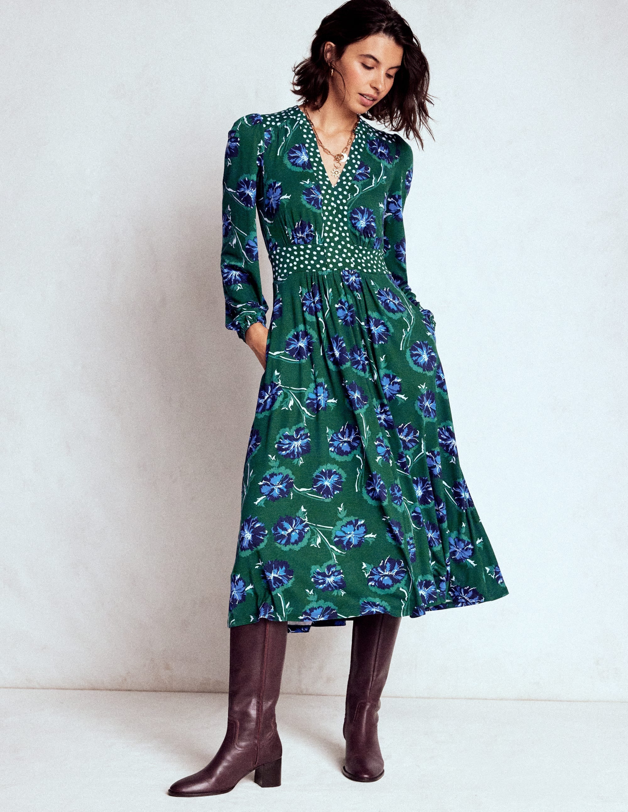 Lily Midikleid mit langen Ärmeln-Smaragdgrün, Zarte Nelke - Image 4