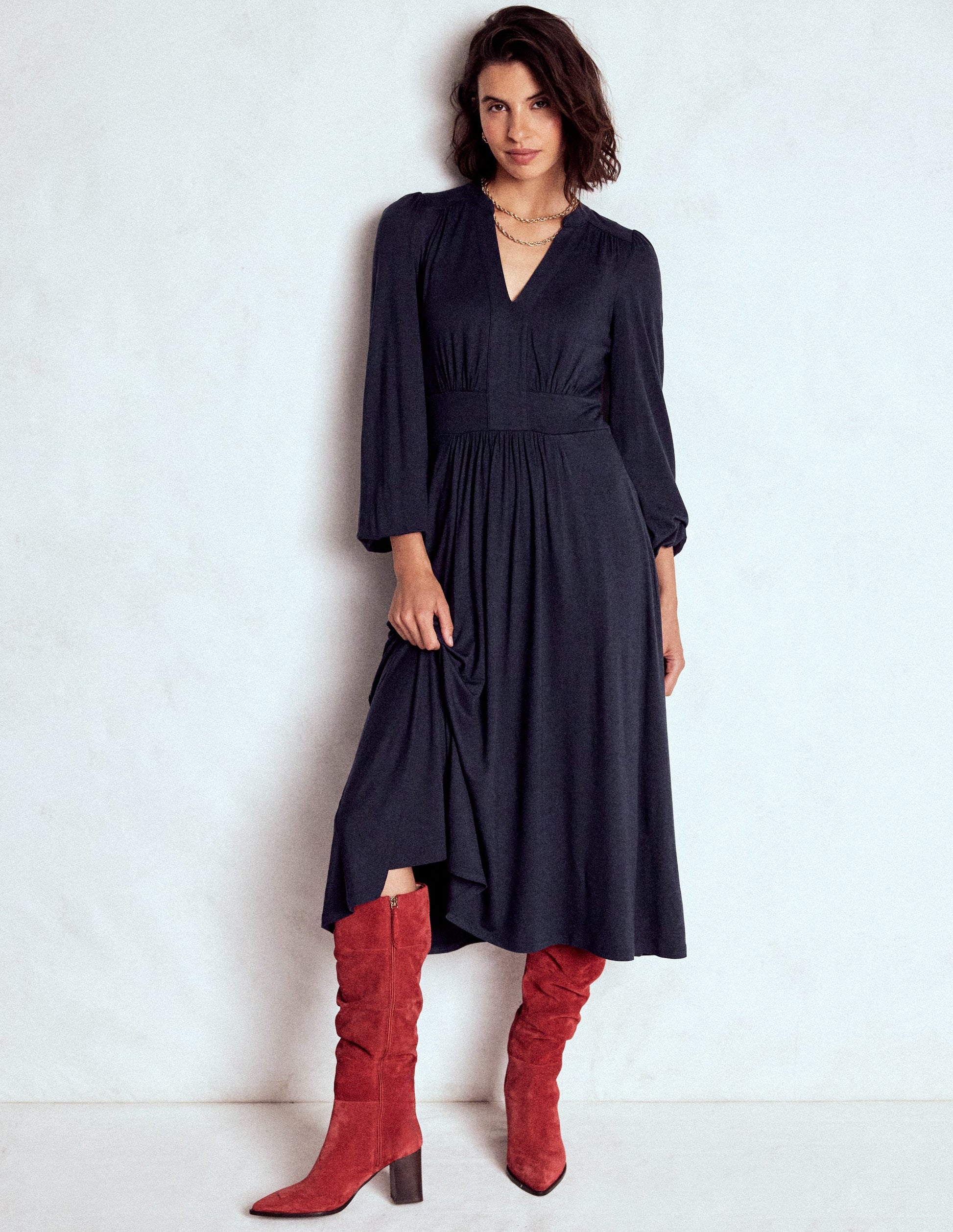 Lily Midikleid mit langen Ärmeln-Marineblau-4