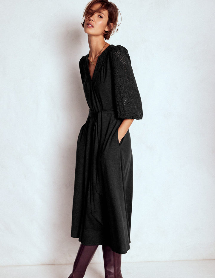 Eden Jerseykleid mit Lochstickerei-Schwarz