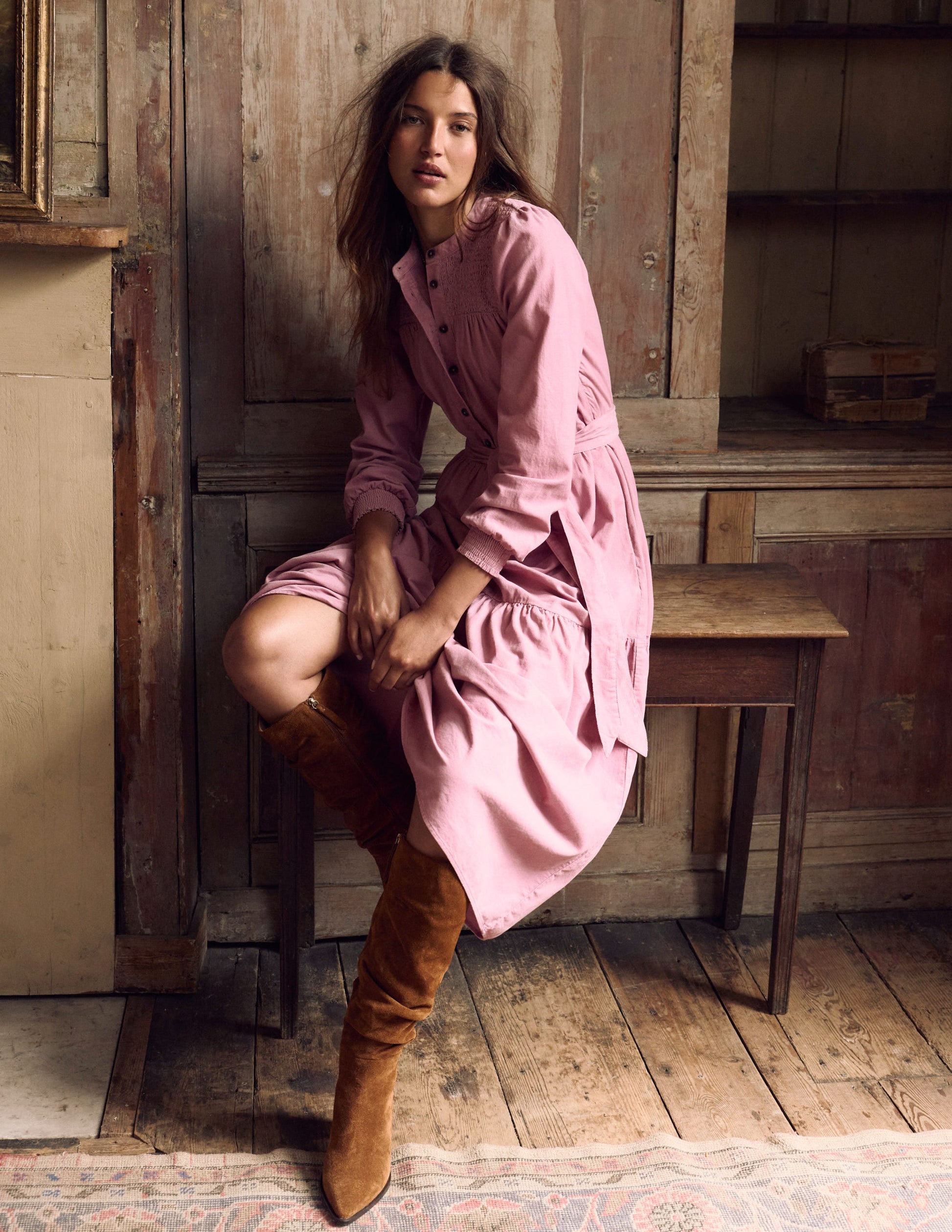 Robe midi Cecily en velours côtelé-Brume rose-6