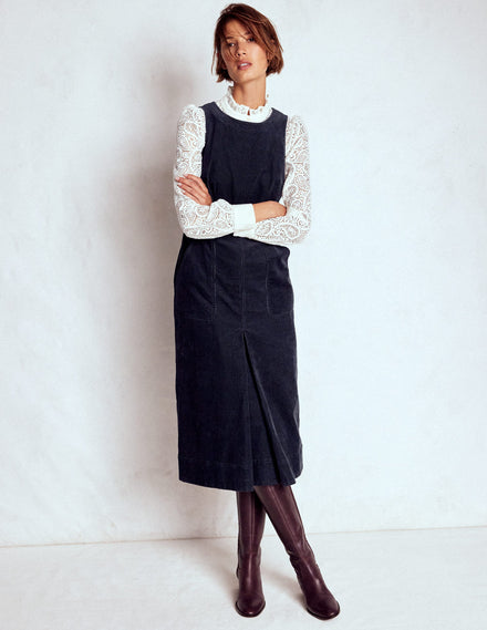 Robe midi Ula à pli creux en velours côtelé-Bleu Nuit