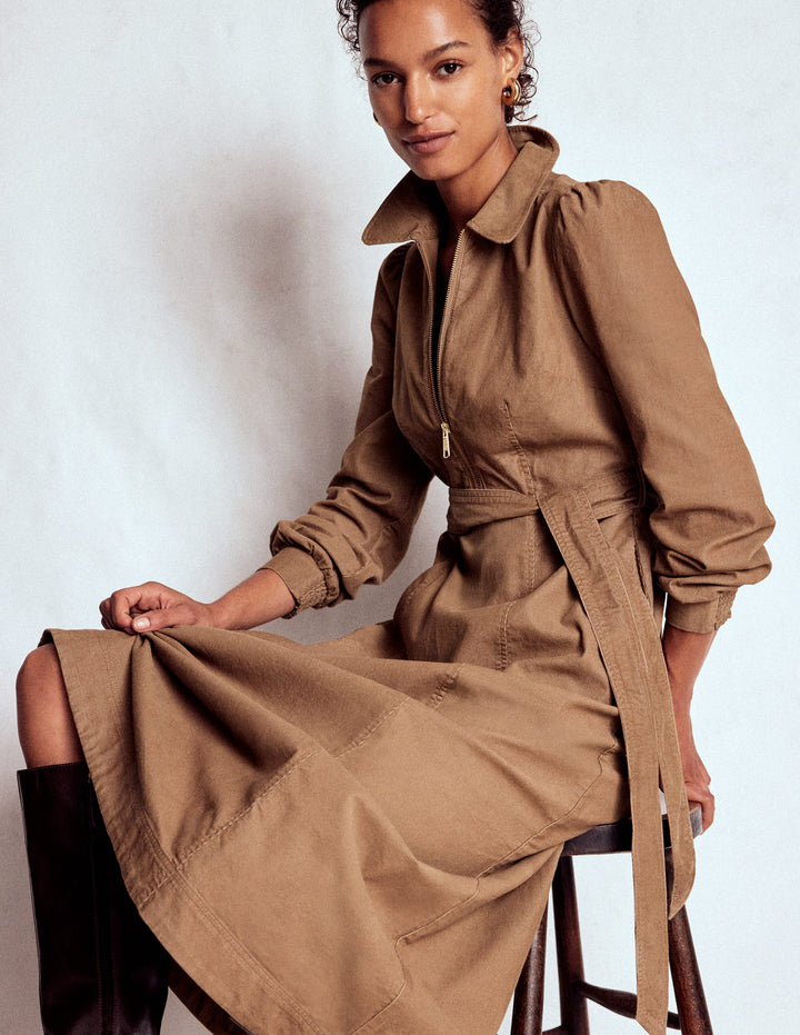 Robe midi Adelaide à zip en velours côtelé-Crème