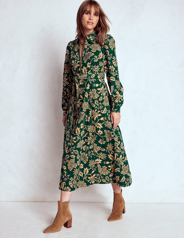 Robe midi Adelaide à zip en velours côtelé-Émeraude nocturne, motif Elaborate Vine