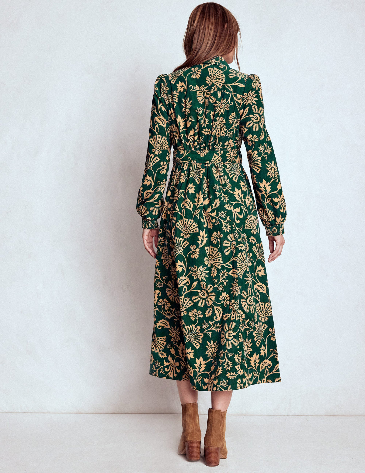 Robe midi Adelaide à zip en velours côtelé-Émeraude nocturne, motif Elaborate Vine - Image 4