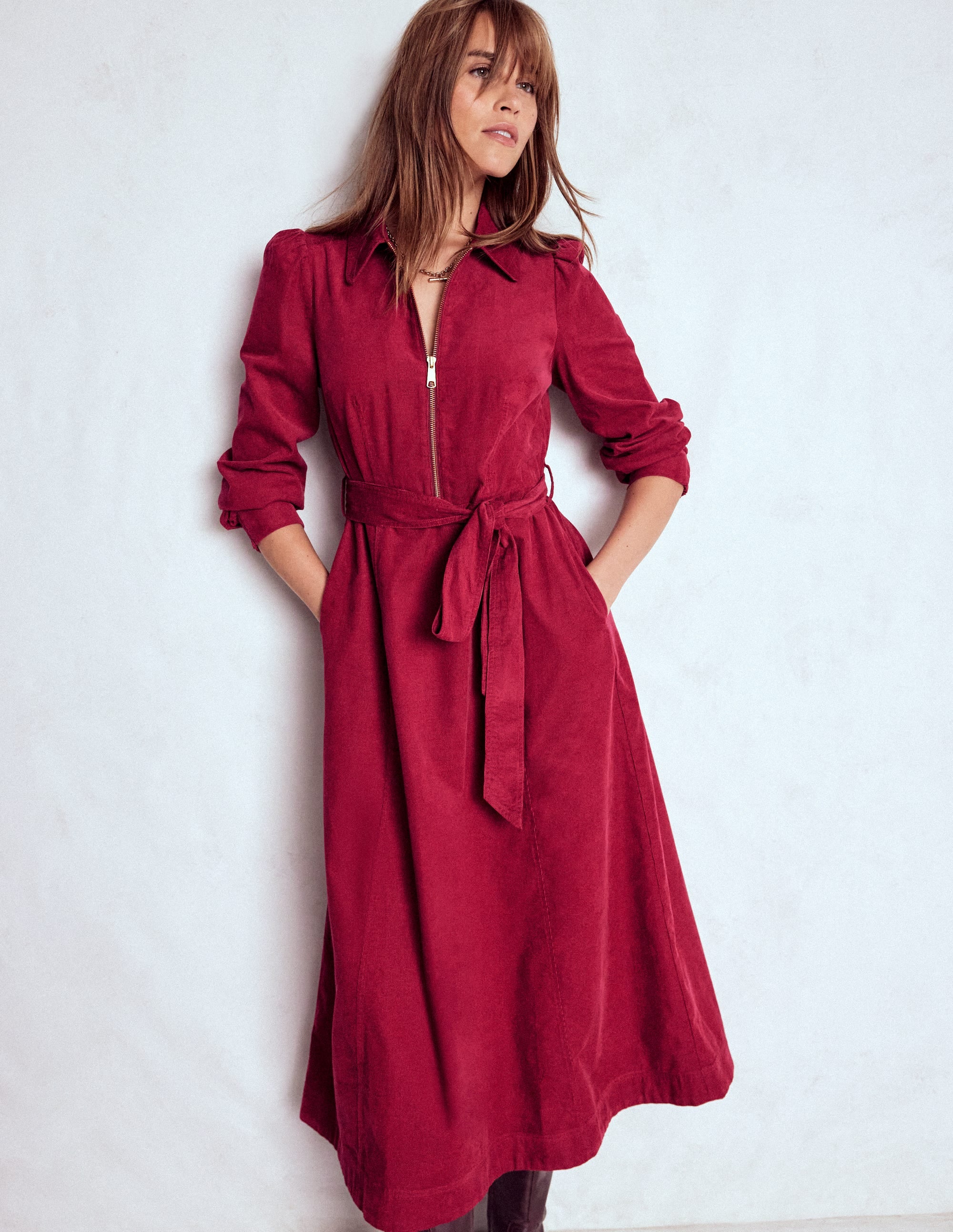 Robe midi Adelaide à zip en velours côtelé-Bordeaux - Image 1