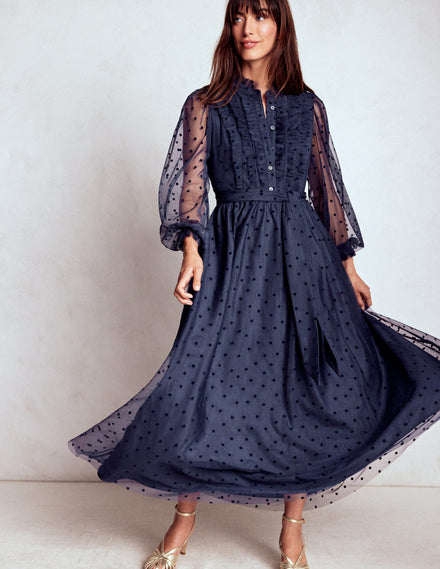 Robe longue volantée en tulle-Bleu marine