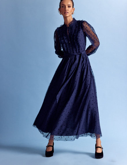 Robe longue volantée en tulle-Bleu marine