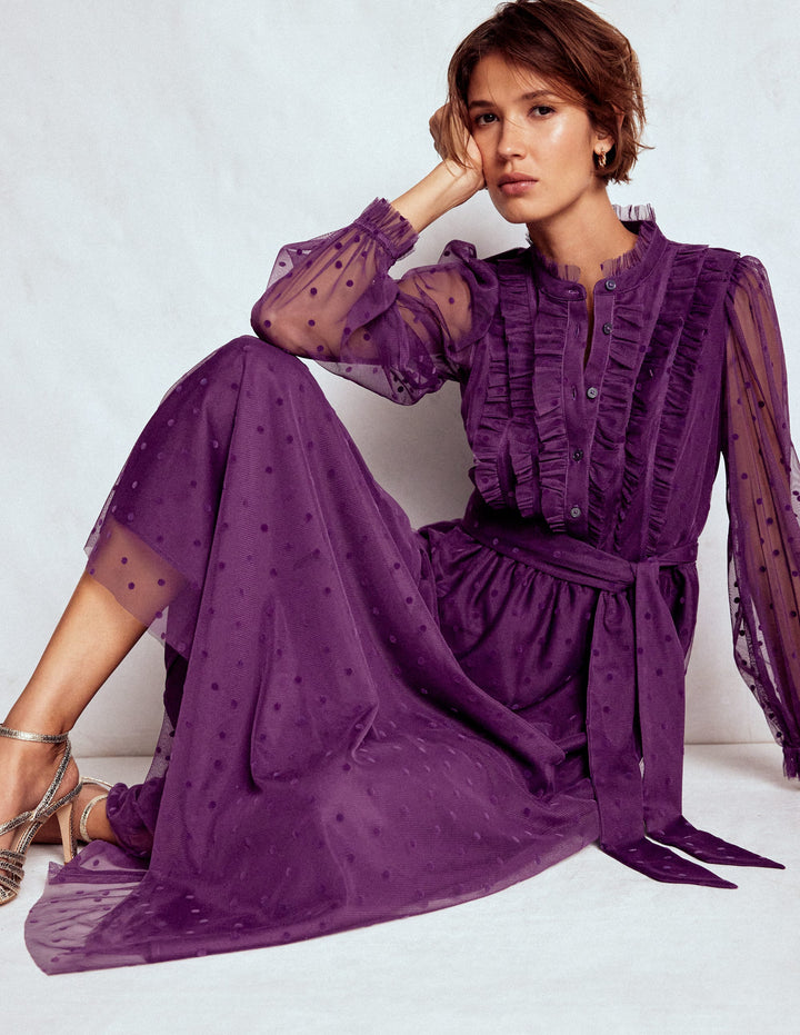 Tüll-Maxikleid mit Rüschen-Viola Violett