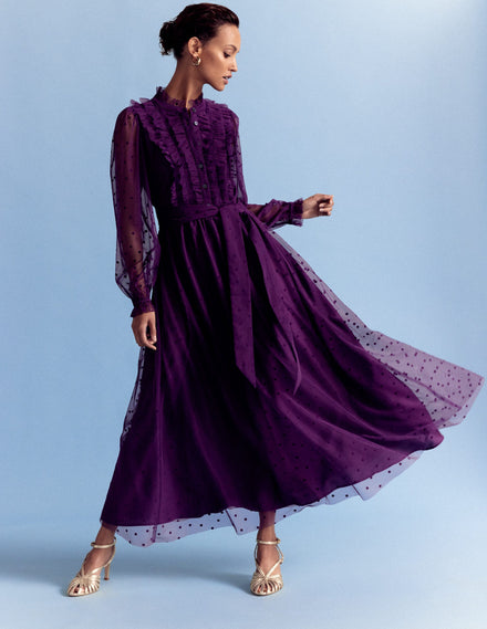 Robe longue volantée en tulle-Violet viola