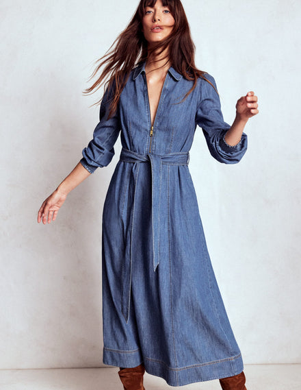 Adelaide Denim-Midikleid mit Reißverschluss-Mittlere Mischung Denim
