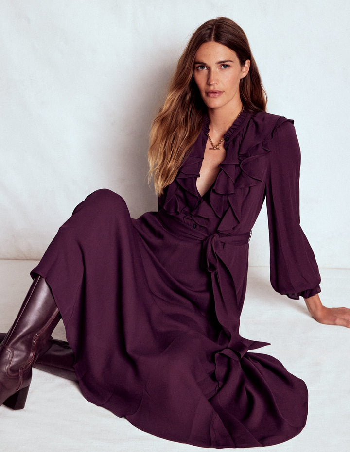 Hemdblusenkleid mit Rüschen vorn-Dunkle Kirsche