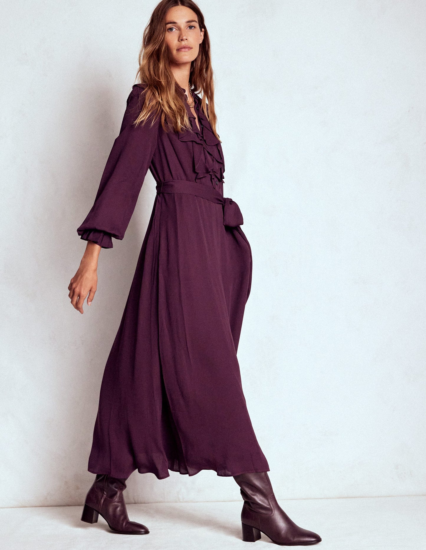 Robe-chemise volantée sur le devant-Cerise foncée