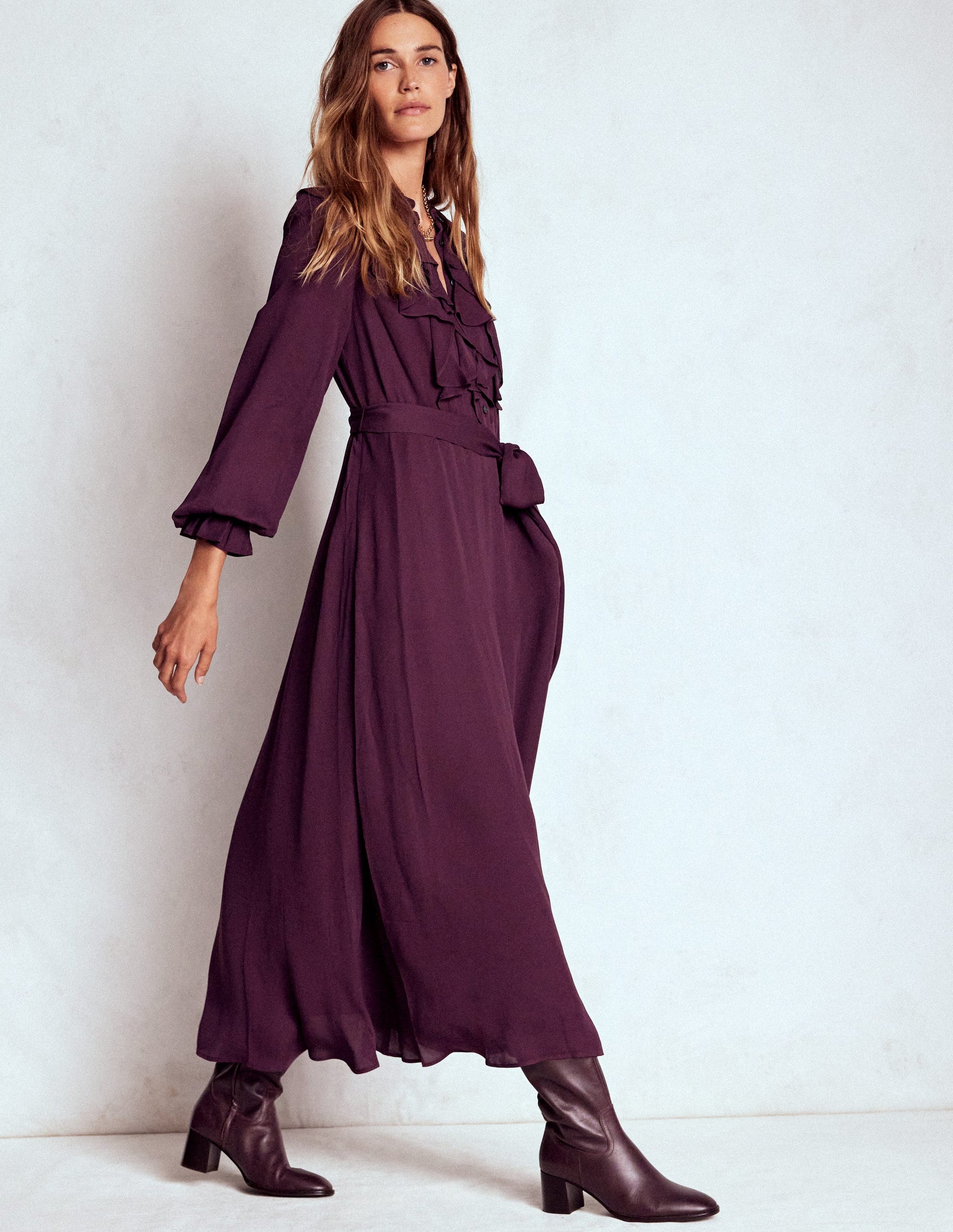 Robe-chemise volantée sur le devant-Cerise foncée-5