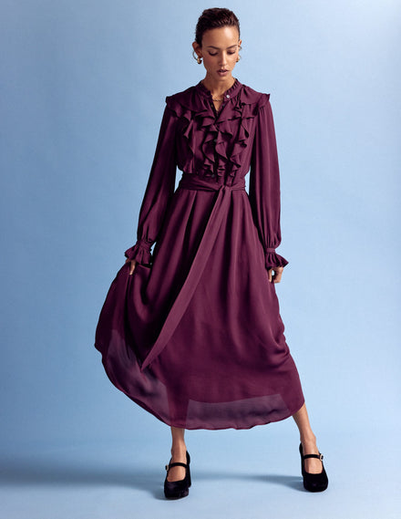 Robe-chemise volantée sur le devant-Cerise foncée