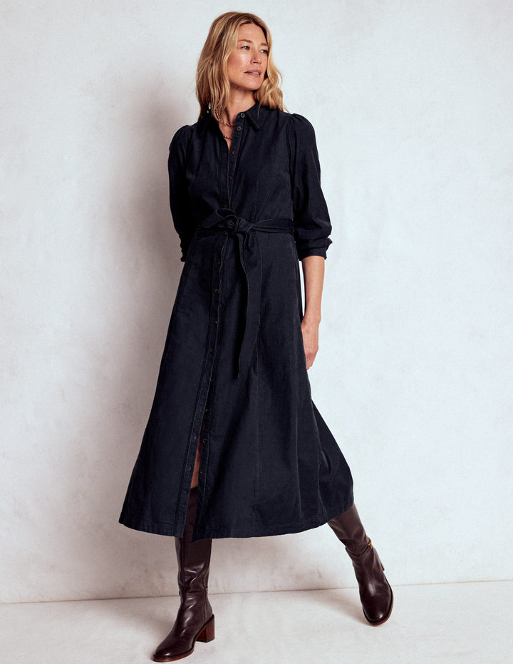 Robe midi Clara en velours côtelé-Bleu Nuit