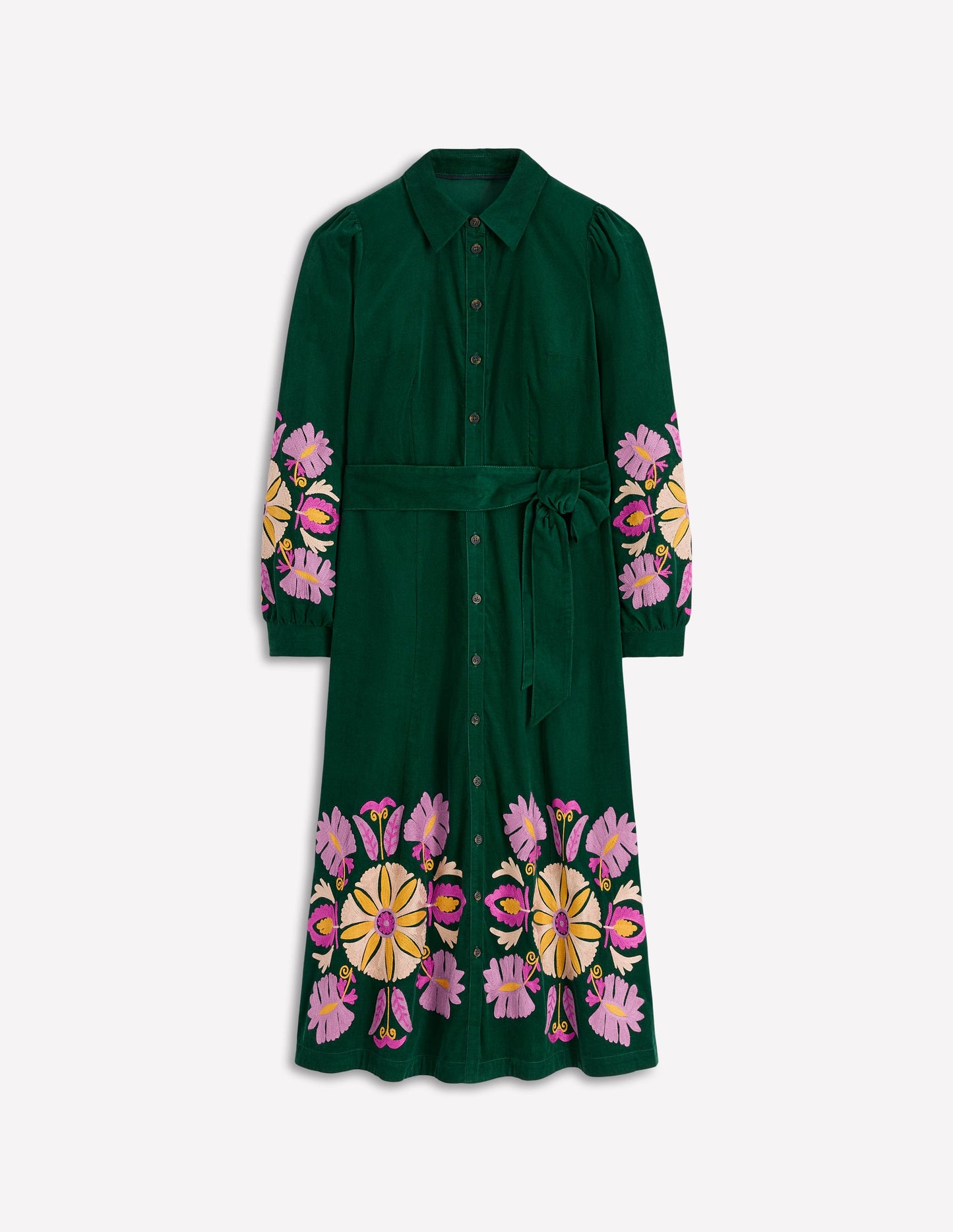 Clara Midikleid aus Cord-Dunkles Smaragdgrün, Stickerei