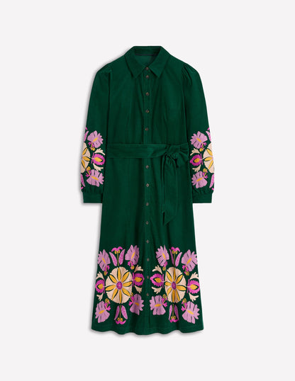Clara Midikleid aus Cord-Dunkles Smaragdgrün, Stickerei-5