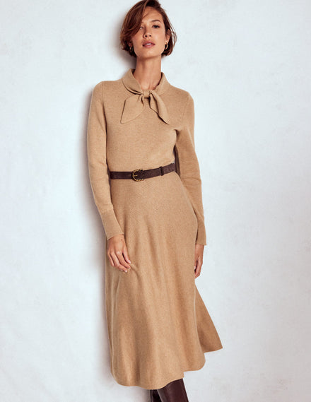 Strickkleid mit Schleife-Camel Meliert