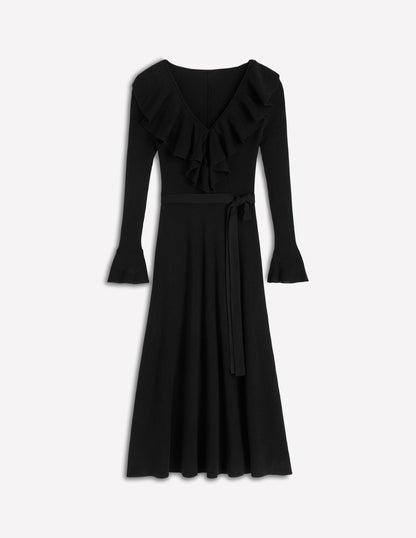 Robe côtelée à col tunisien et volants-Noir-5