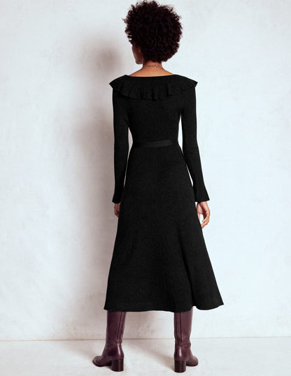 Robe côtelée à col tunisien et volants-Noir-3