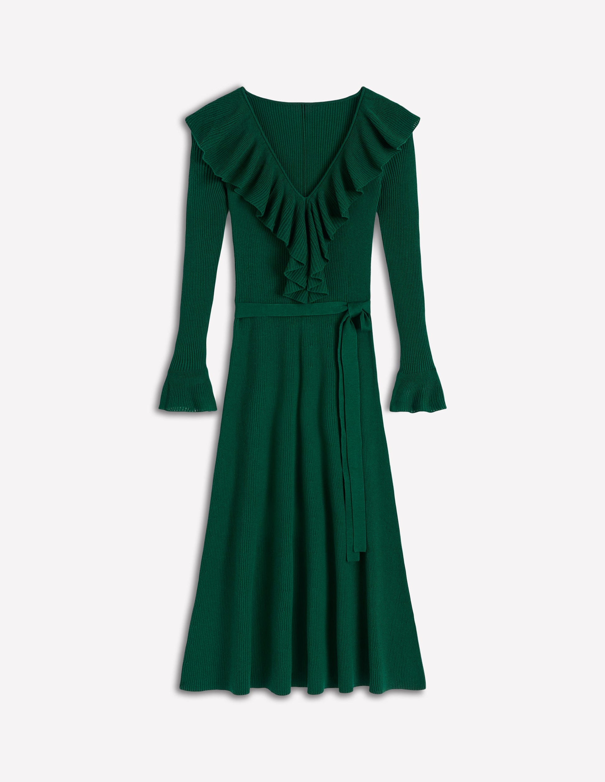 Robe côtelée à col tunisien et volants-Émeraude nocturne-7