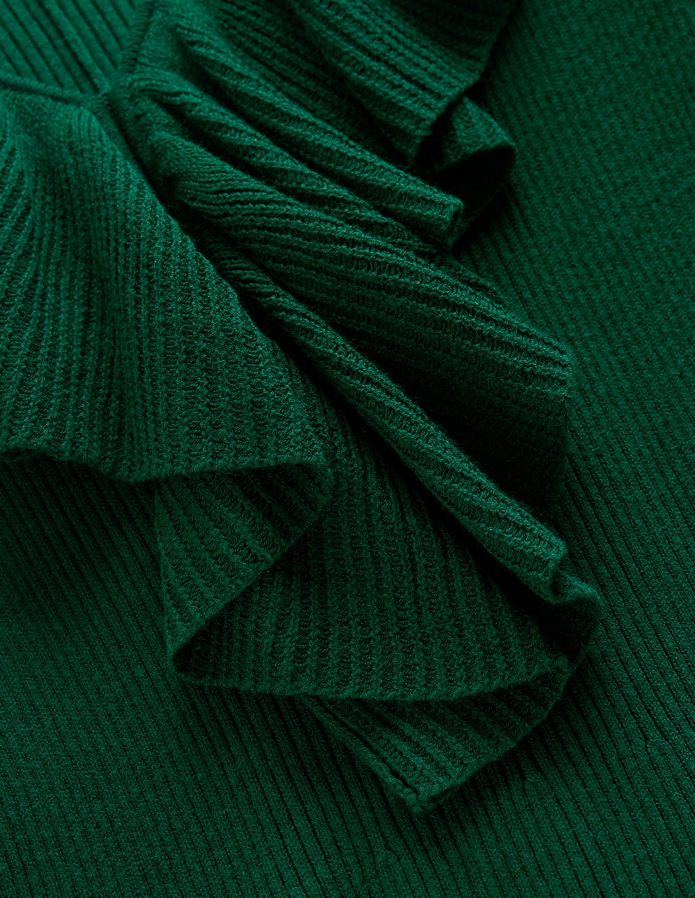 Robe côtelée à col tunisien et volants-Émeraude nocturne