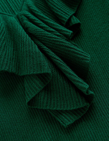 Robe côtelée à col tunisien et volants-Émeraude nocturne-8