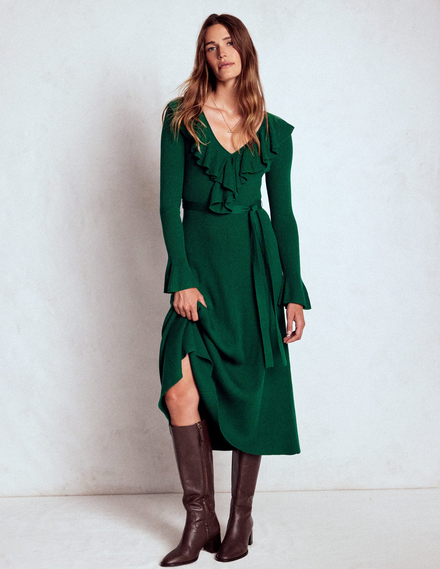 Robe côtelée à col tunisien et volants-Émeraude nocturne
