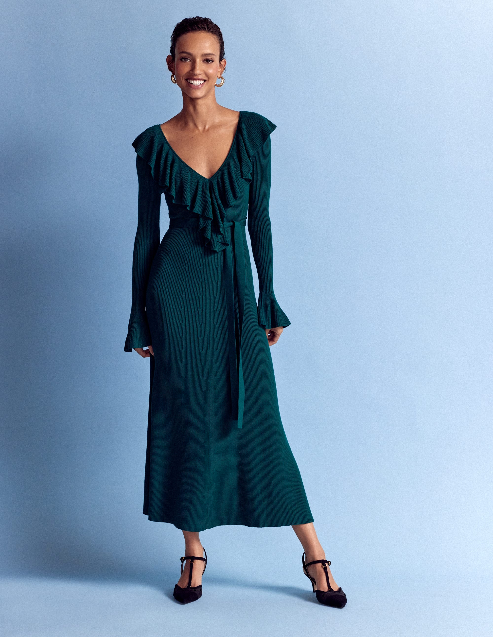 Rippstrick-Kleid mit Rüschen-Dunkles Smaragdgrün - Image 5
