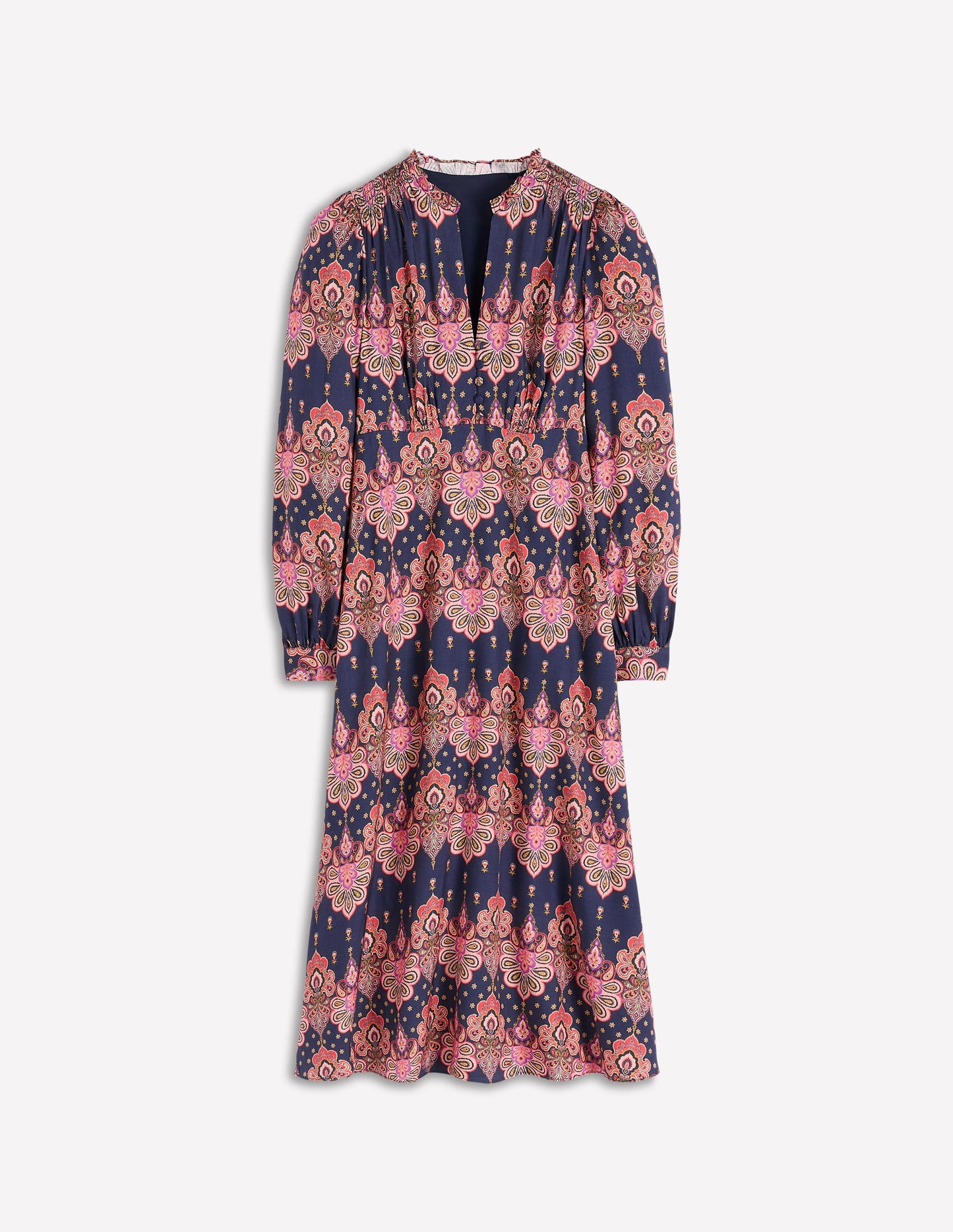 Robe Cassie style 40s à smocks-Bleu marine, motif cachemire ornementé